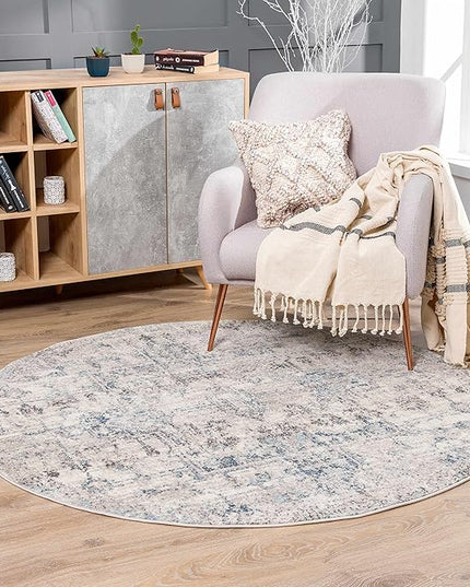 BoutiqueRugs Orrick Oriental Boho Vintage Area Rug - Farmhouse Traditional Patterned Carpet for Living Room, Bedroom - Pale Blue, Aqua, Cream, Brown - 6'7" Round