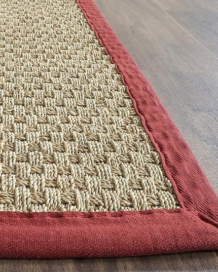 SAFAVIEH Area Rug 4x6 - Natural Fiber Collection - Natural & Red, Seagrass, Basketweave Pattern with Border (NF114D)