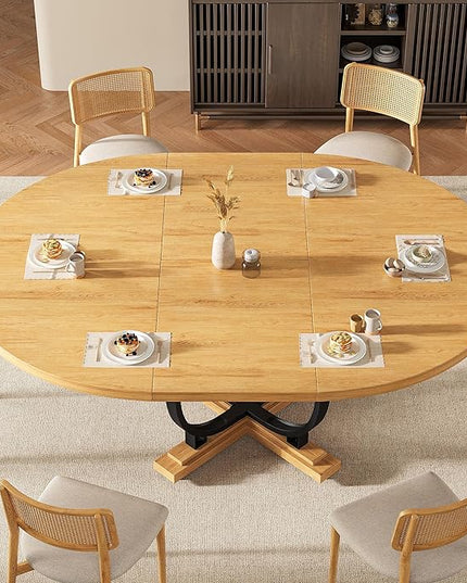 59" Round Extendable Dining Table for 4-6, Modern Oval Kitchen Table with Heavy Duty Curved Legs & Wood X-Based, MDF Board with Spring Buckle, Space Saving, Dining Kitchen Living Room, Oak