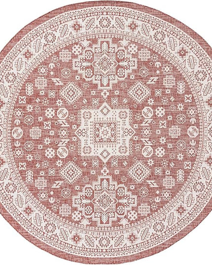 Rugs.com Outdoor Aztec Collection Rug – 10 Ft Round Rust Red Flatweave Rug Perfect for Kitchens, Dining Rooms
