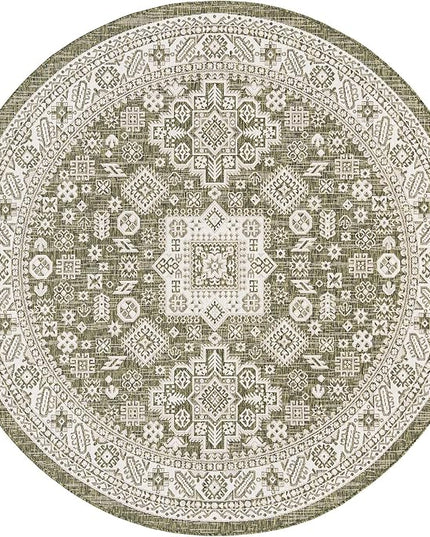 Rugs.com Outdoor Aztec Collection Rug – 8 Ft Round Green Flatweave Rug Perfect for Kitchens, Dining Rooms