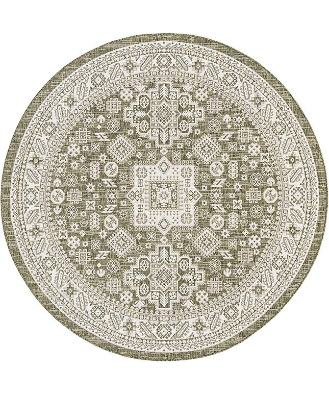 Rugs.com Outdoor Aztec Collection Rug – 8 Ft Round Green Flatweave Rug Perfect for Kitchens, Dining Rooms