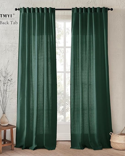 XTMYI Emerald Dark Green Curtains for Living Room 84 Inches Long 2 Panels Set Linen Rod Pocket Back Tab Hooks Pleated Hunter Green Vintage Retro Curtains for Bedroom Decor Dining Room