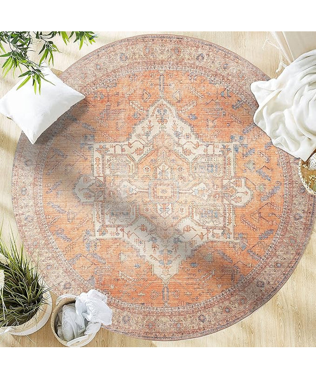 GLN Rugs Traditional Collection - Machine Washable Area Rug, Traditional Washable, Non Slip, Low Pile Chenille Rug, Living Room, Bedroom, Kitchen Rug (5'3" Round Burnt Orange)