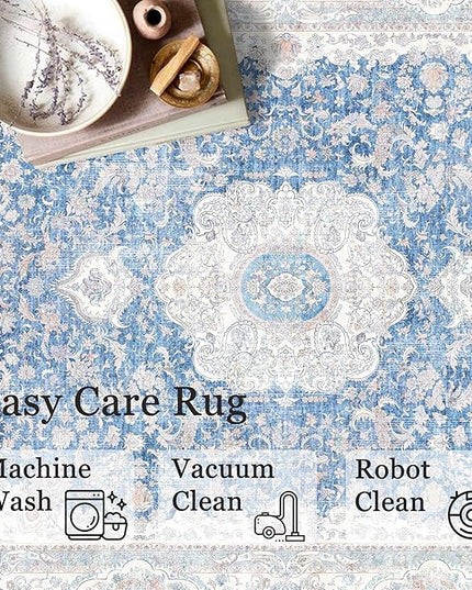 Small Rugs 2x3,Blue Rug for Entryway Bathroom Bedroom Kitchen Entrance Doormat,Boho Vintage Bohemian Distressed Washable Accent Floor Throw Carpet Non Slip,Floral