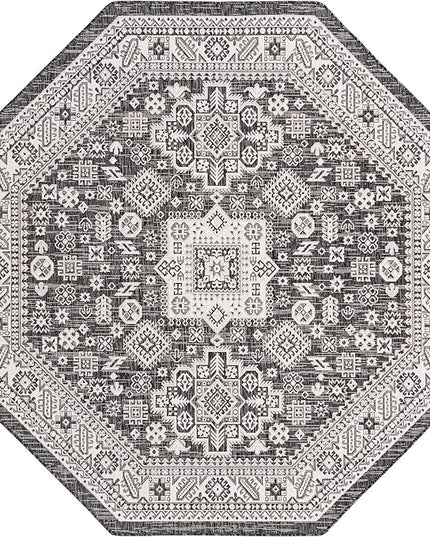 Rugs.com Outdoor Aztec Collection Rug – 8 Ft Octagon Charcoal Gray Flatweave Rug Perfect for Living Rooms, Kitchens, Entryways