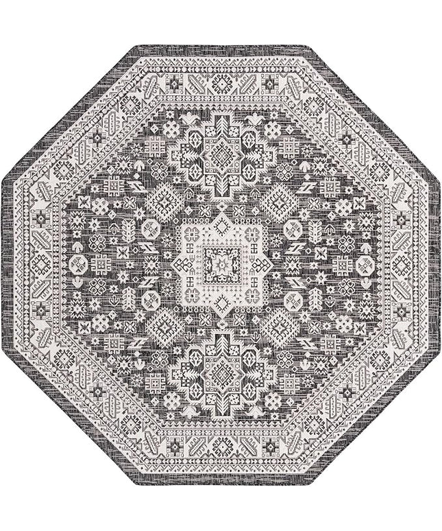 Rugs.com Outdoor Aztec Collection Rug – 8 Ft Octagon Charcoal Gray Flatweave Rug Perfect for Living Rooms, Kitchens, Entryways