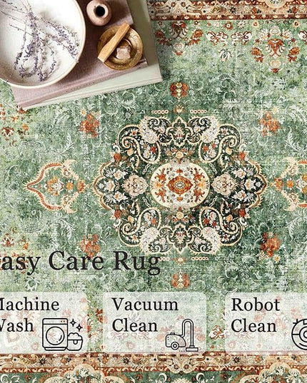 Green Round Rug 5ft, Circle Boho Area Rugs for Bedroom Living Room,Washable Vintage Bohemian Distressed Oriental Floral Carpet Non Slip,Sage