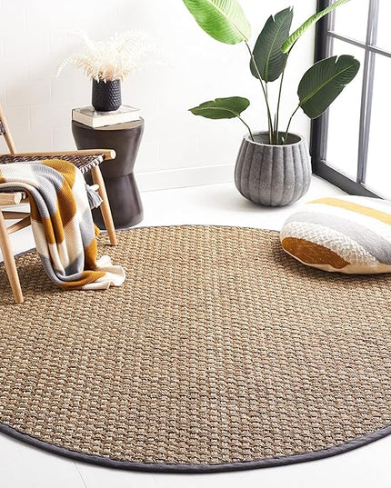 SAFAVIEH Area Rug 10' Round - Natural Fiber Collection - Large - Natural & Dark Grey, Seagrass, Basketweave Pattern with Border (NF114Q)