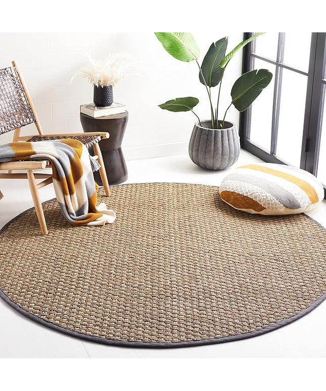 SAFAVIEH Area Rug 8' Round - Natural Fiber Collection - Natural & Dark Grey, Seagrass, Basketweave Pattern with Border (NF114Q)