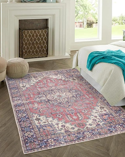 GLN Rugs Traditional Collection - Machine Washable Area Rug, Traditional Washable, Non Slip, Low Pile Chenille Rug, Living Room, Bedroom, Kitchen Rug (3'x5' Multi Blue)