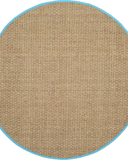 SAFAVIEH Area Rug 6' Round - Natural Fiber Collection - Natural & Turquoise, Seagrass, Basketweave Pattern with Border (NF114S)