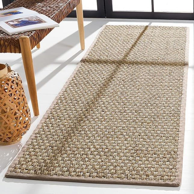 SAFAVIEH Natural Fiber Collection Runner Rug - 2'6" x 8', Natural & Grey, Seagrass, Basketweave Pattern with Border (NF114P)