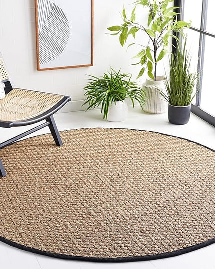Safavieh Area Rug 10' Round - Natural Fiber Collection - Large - Natural & Black, Seagrass, Basketweave Pattern with Border (NF114C)
