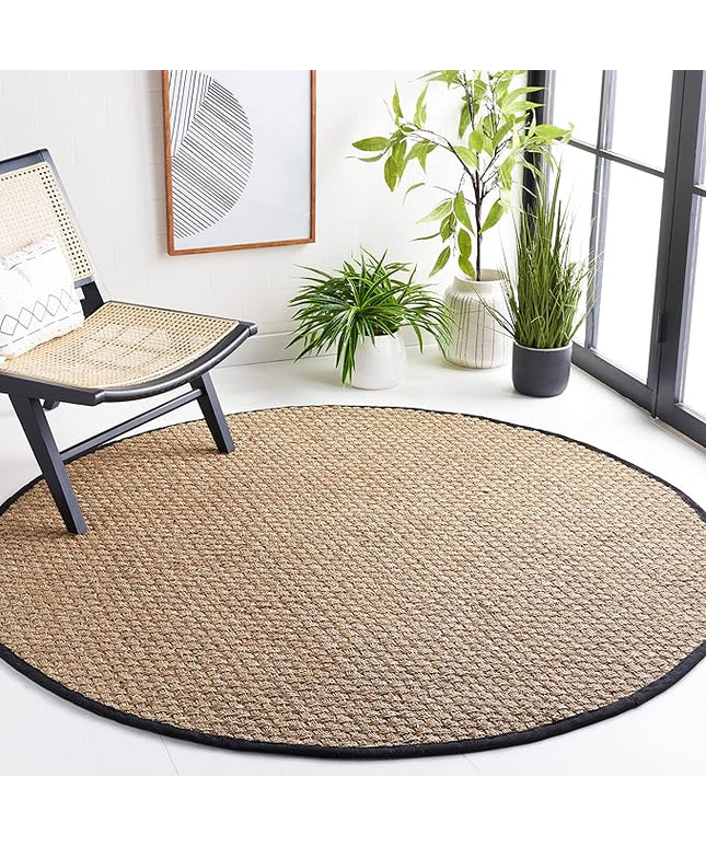 Safavieh Area Rug 7' Round - Natural Fiber Collection - Natural & Black, Seagrass, Basketweave Pattern with Border (NF114C)