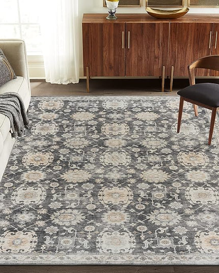 ReaLife Rugs Machine Washable Area Rug Runner - Living Room Bedroom Bathroom Kitchen Entryway - Padded Low Pile Stain Resistant Premium - Boho Farmhouse Vintage - Bryn - Gray Beige Ivory 3' x 5'