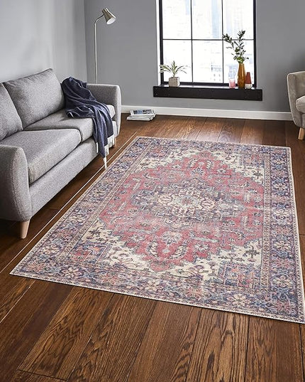 GLN Rugs Traditional Collection - Machine Washable Area Rug, Traditional Washable, Non Slip, Low Pile Chenille Rug, Living Room, Bedroom, Kitchen Rug (5'x7' Multi Blue)