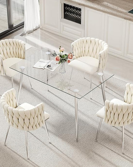 Silver Glass Dining Room Table Set for 4, 51'' Modern Luxury Rectangular Dinner Table Set, 5 PCS Clear Glass Top Minimalist Kitchen Table Set, Ivory Woven Dining Chair for Small Apartment