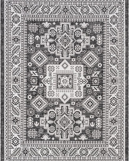 Rugs.com Outdoor Aztec Collection Rug – 5x7 Charcoal Gray Flatweave-Pile Rug Perfect for Living Rooms, Large Dining Rooms, Open Floorplans