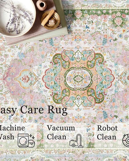 8x10 Area Rugs Washable,Pink Rug for Living Room Bedroom Dining Room,Large Boho Vintage Bohemian Distressed Carpet Non Slip,Blush Green
