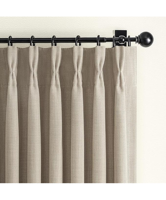 Greyish Beige Extra Long Black Out 108 Inch Curtains for Bedroom, Modern Pinch Pleated Textured Linen Light Blocking Window Drapes 2 Panels Set with Hooks Rings for Dining Room 9 FT Taupe Large Burg