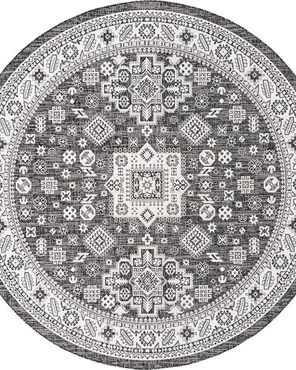 Rugs.com Outdoor Aztec Collection Rug – 10 Ft Round Charcoal Gray Flatweave Rug Perfect for Kitchens, Dining Rooms