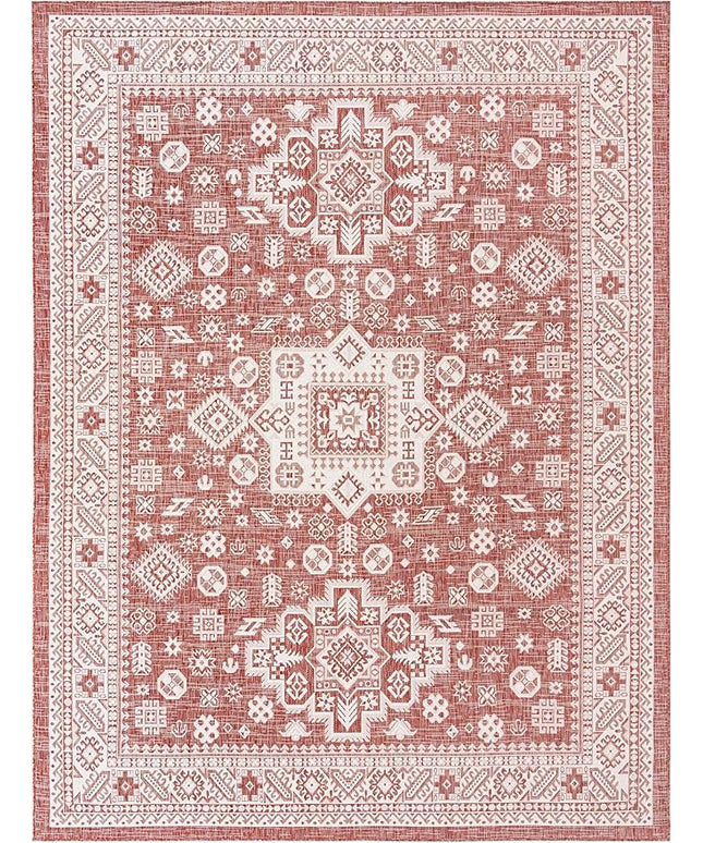 Rugs.com Outdoor Aztec Collection Rug – 9' x 12' Rust Red Flatweave Rug Perfect for Living Rooms, Large Dining Rooms, Open Floorplans