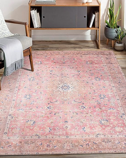 GLN Rugs Traditional Collection - Machine Washable Area Rug, Traditional Washable, Non Slip, Low Pile Chenille Rug, Living Room, Bedroom, Kitchen Rug (6'x9' Pink Vintage)