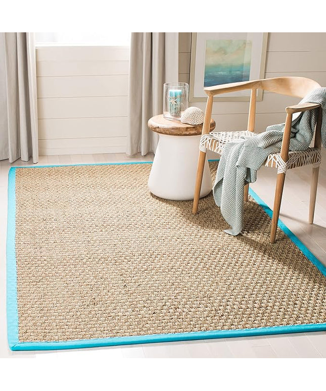 SAFAVIEH Area Rug 6x9 - Natural Fiber Collection - Natural & Turquoise, Seagrass, Basketweave Pattern with Border (NF114S)