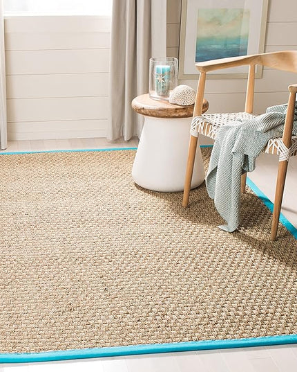 SAFAVIEH Area Rug 5x8 - Natural Fiber Collection - Natural & Turquoise, Seagrass, Basketweave Pattern with Border (NF114S)