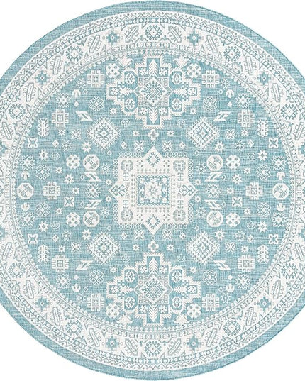 Rugs.com Outdoor Aztec Collection Rug – 10 Ft Round Aqua Flatweave Rug Perfect for Kitchens, Dining Rooms
