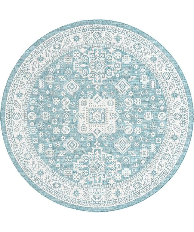 Rugs.com Outdoor Aztec Collection Rug – 10 Ft Round Aqua Flatweave Rug Perfect for Kitchens, Dining Rooms