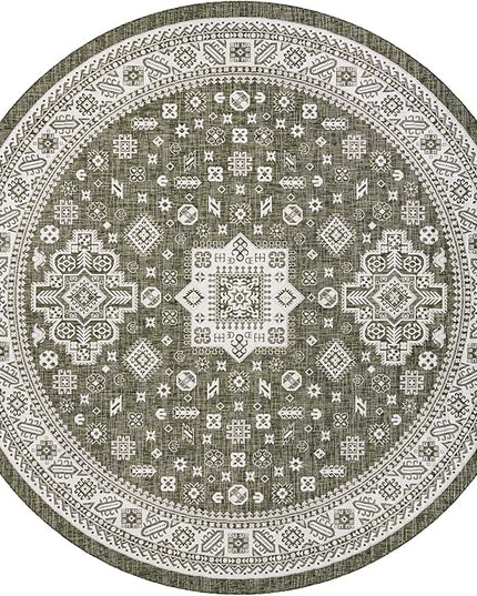 Rugs.com Outdoor Aztec Collection Rug – 13 Ft Round Green Flatweave-Pile Rug Perfect for Kitchens, Dining Rooms