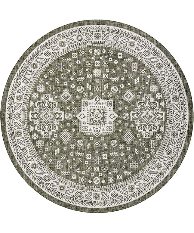 Rugs.com Outdoor Aztec Collection Rug – 13 Ft Round Green Flatweave-Pile Rug Perfect for Kitchens, Dining Rooms