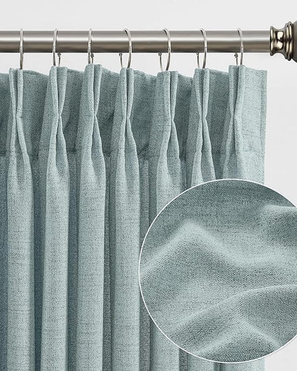Light Blue Linen Pinch Pleat Curtains 100 Inches Long 50 Wide Per Panel Pleated Semi Sheer Textured Drapes Hooks Back Tab Coastal Modern Light Filtering Curtain 2 Panels Set