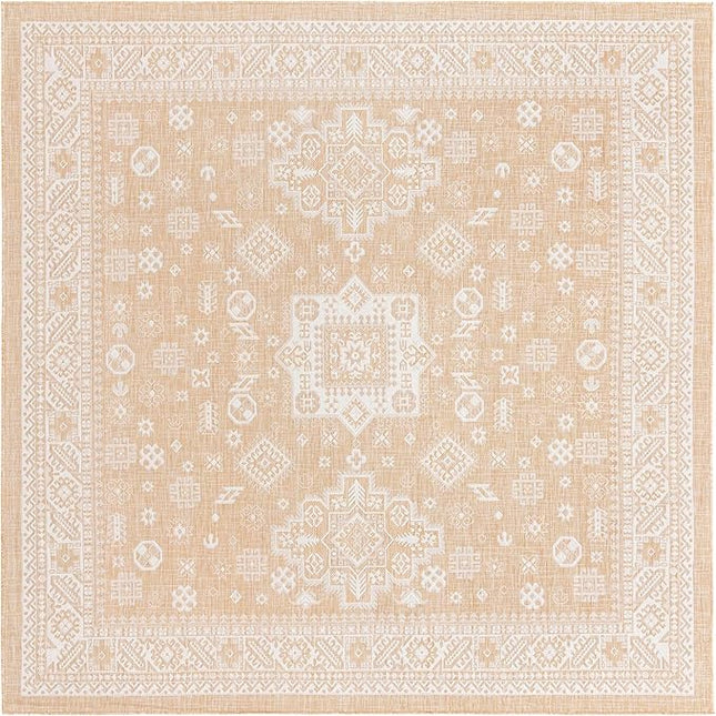 Rugs.com Outdoor Aztec Collection Rug – 10 Ft Square Natural Flatweave Rug Perfect for Living Rooms, Kitchens, Entryways