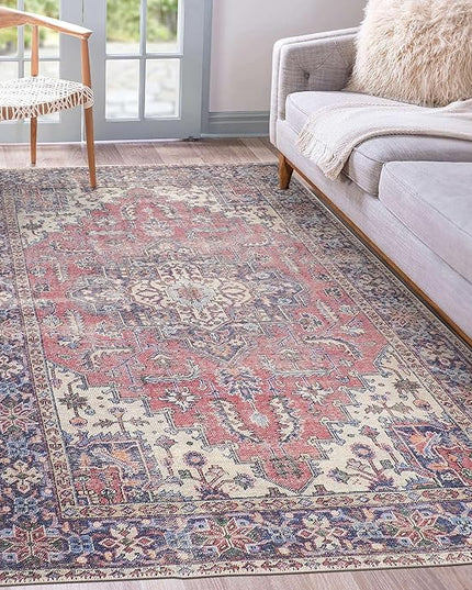 GLN Rugs Traditional Collection - Machine Washable Area Rug, Traditional Washable, Non Slip, Low Pile Chenille Rug, Living Room, Bedroom, Kitchen Rug (3'x5' Multi Blue)