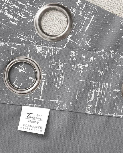 Taisier Home Silver Foil Print Linen Textured Curtains - Geometric Dots Pattern Design for Nursery, Toy Room - Thermal Insulated Window Treatment, 2 Panels, 63" L, Soft Grey and Silver