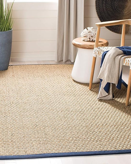SAFAVIEH Area Rug 6x9 - Natural Fiber Collection - Natural & Blue, Seagrass, Basketweave Pattern with Border (NF114E)