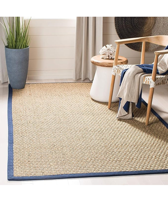 SAFAVIEH Area Rug 6' Square - Natural Fiber Collection - Natural & Blue, Seagrass, Basketweave Pattern with Border (NF114E)