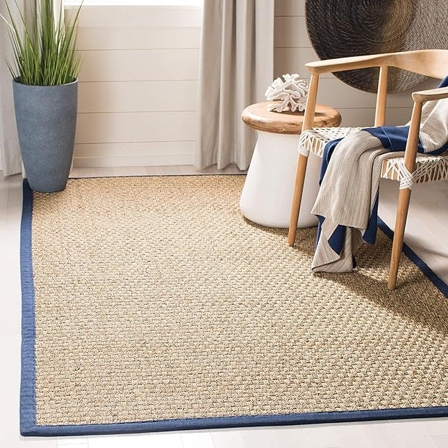 SAFAVIEH Area Rug 4x6 - Natural Fiber Collection - Natural & Blue, Seagrass, Basketweave Pattern with Border (NF114E)