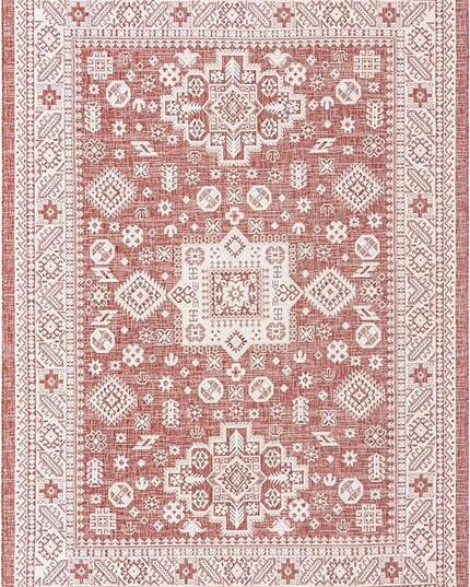 Rugs.com Outdoor Aztec Collection Rug – 8' x 11' Rust Red Flatweave Rug Perfect for Living Rooms, Large Dining Rooms, Open Floorplans