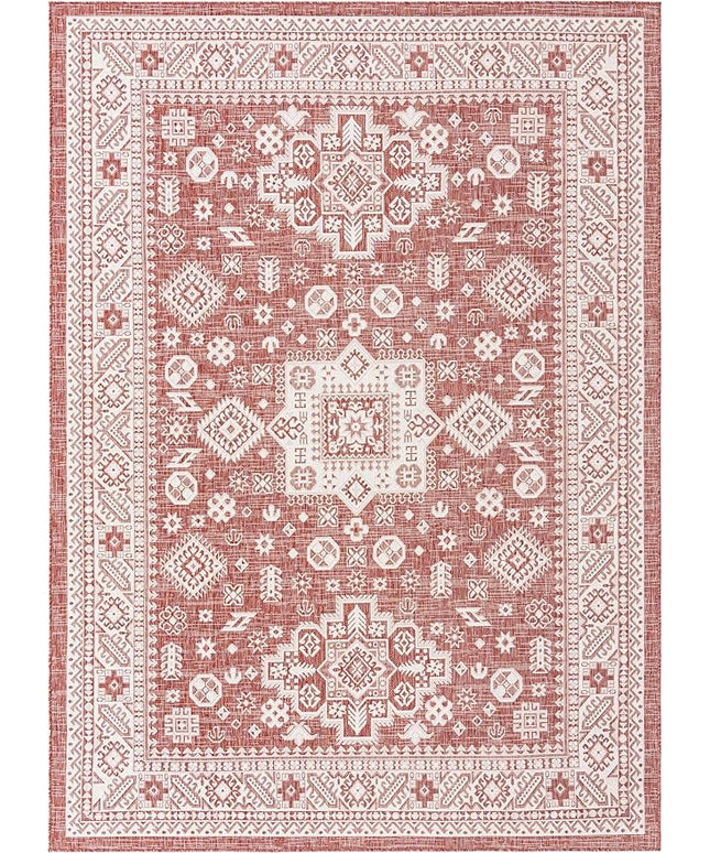 Rugs.com Outdoor Aztec Collection Rug – 8' x 11' Rust Red Flatweave Rug Perfect for Living Rooms, Large Dining Rooms, Open Floorplans