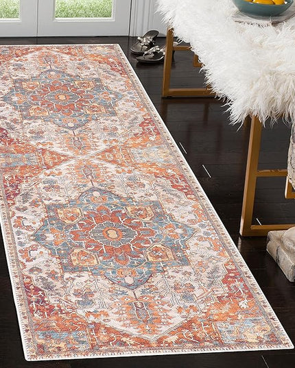 GLN Rugs Traditional Collection - Machine Washable Area Rug, Traditional Washable, Non Slip, Low Pile Chenille Rug, Living Room, Bedroom, Kitchen Rug (2'6"x7' Cream/Terra)