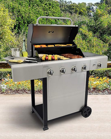 Kenmore 4-Burner Gas Grill with Side Burner, Outdoor BBQ Grill, Propane Gas Grill, Cast Iron Cooking Grates, Electronic Ignition, Warming Rack, Open Cart Design, 53000 BTUs, Stainless Steel
