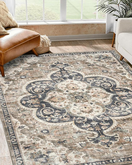 ReaLife Rugs Machine Washable Area Rug - Living Room Bedroom Bathroom Kitchen Entryway Office - Padded Low Pile Stain Resistant Premium - Boho Farmhouse Vintage - Joy - Brown Beige 4' x 6'
