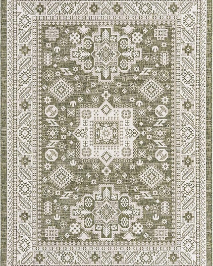 Rugs.com Outdoor Aztec Collection Rug – 7' x 10' Green Flatweave Rug Perfect for Living Rooms, Large Dining Rooms, Open Floorplans