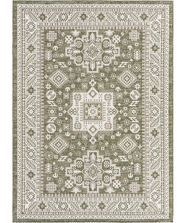 Rugs.com Outdoor Aztec Collection Rug – 7' x 10' Green Flatweave Rug Perfect for Living Rooms, Large Dining Rooms, Open Floorplans