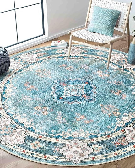 MUJOO Teal Round Rug 6ft,Circle Washable Area Rugs for Bedroom Living Room Bathroom,Boho Large Non Slip Circular Carpet,Floral