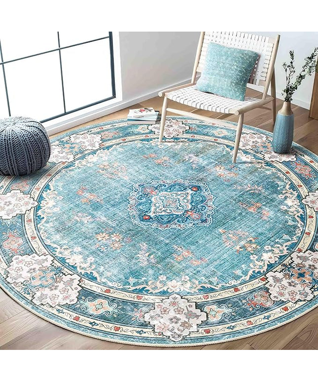 MUJOO Teal Round Rug 6ft,Circle Washable Area Rugs for Bedroom Living Room Bathroom,Boho Large Non Slip Circular Carpet,Floral